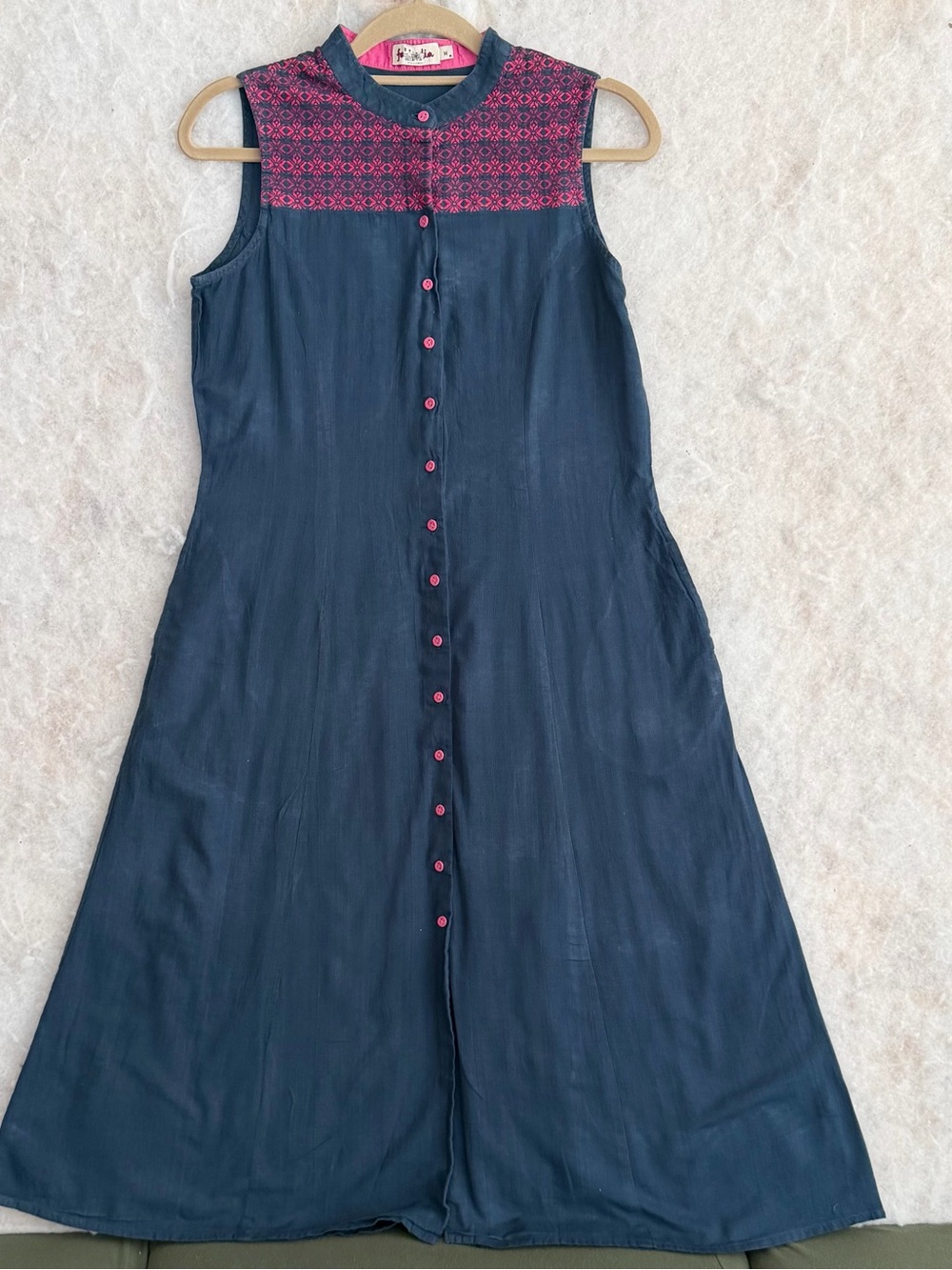Sleeveless Navy Dress with Pink Embroidered Yoke (SKU799)